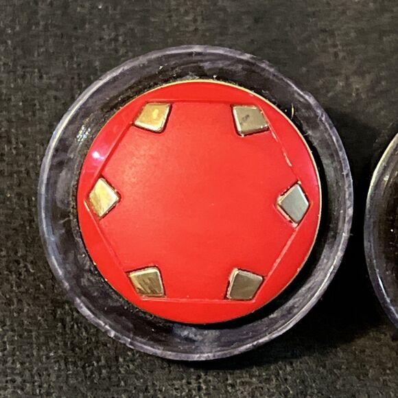 Unique Acrylic Button Clip On Earrings Black Red With Metal Stud Accents - Picture 2 of 6